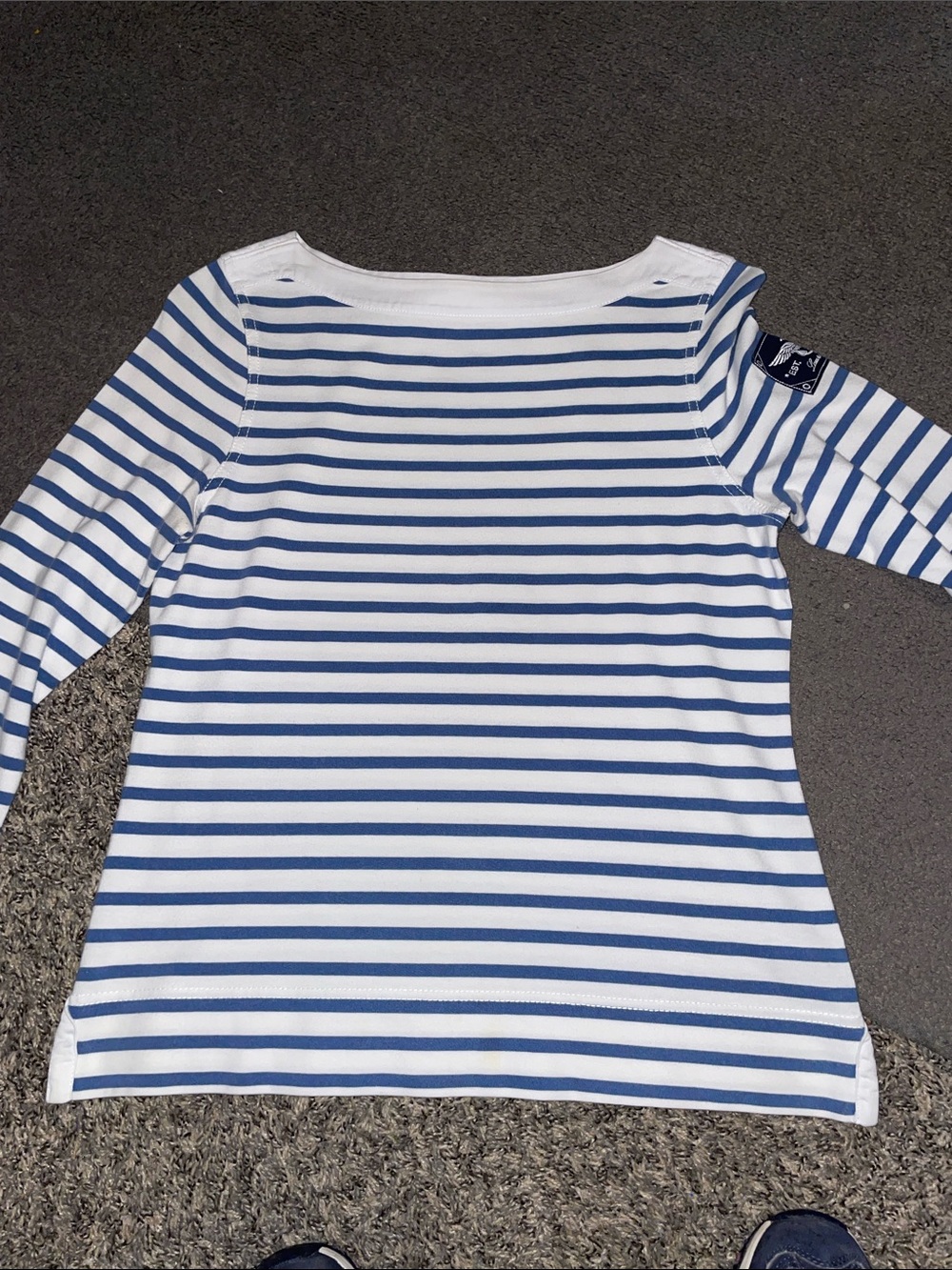 Lauren Ralph Lauren White & Blue Striped Long Sleeve Boatneck Top